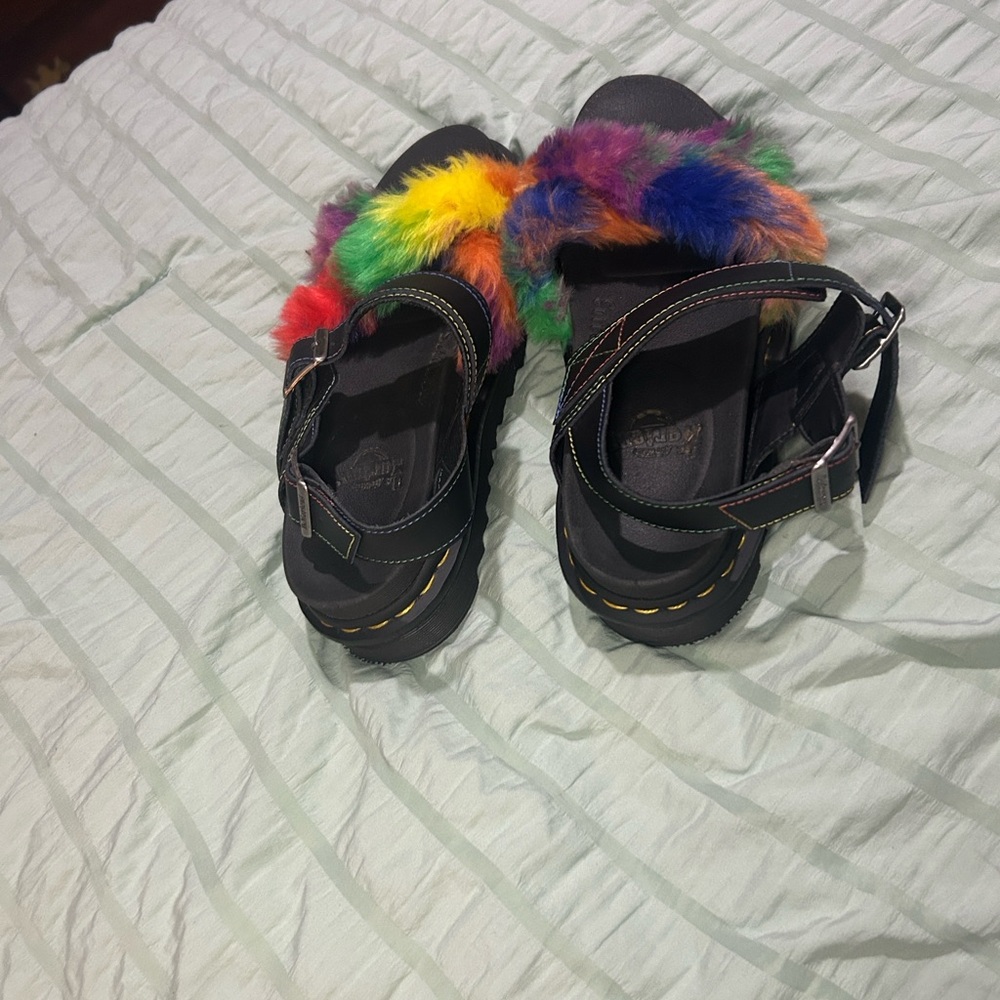 Dr. Martens Black Sandals with Rainbow Fur Strap